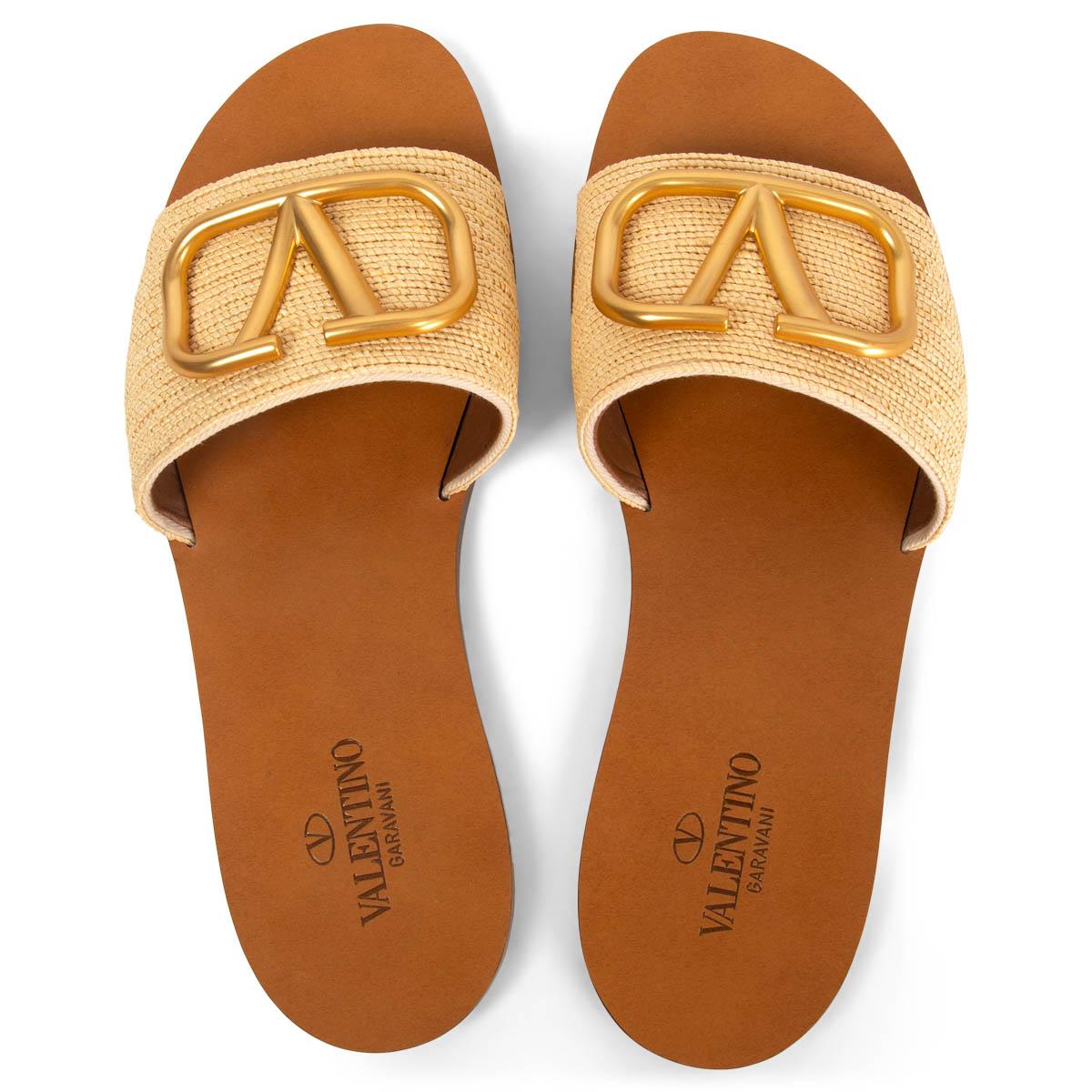 Women's VALENTINO beige raffia VLOGO SLIDES Flat Sandals Shoes 37.5