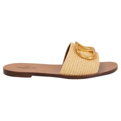 VALENTINO beige raffia VLOGO SLIDES Flat Sandals Shoes 37.5