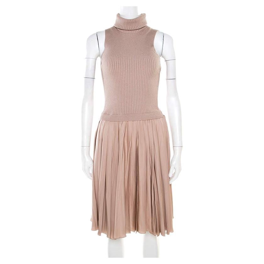 Valentino Beige Ribbed Wool and Silk Pleated Sleeveless Turtleneck Dress M For Sale