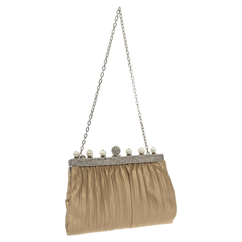 Women's Valentino Beige Satin Crystal and Pearl Embellished Frame Chain Clutch
