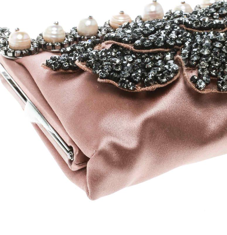 Women's Valentino Beige Satin Crystal and Pearl Embellished Frame Clutch