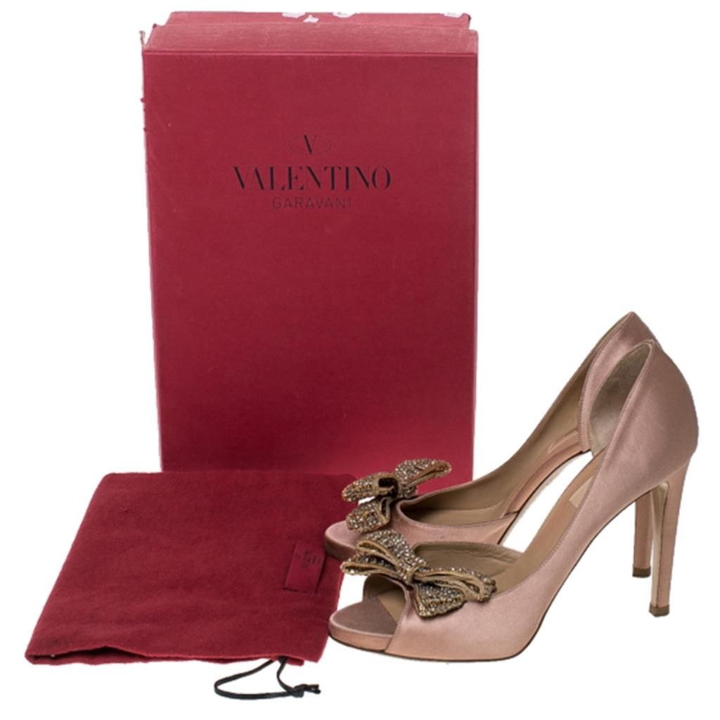 Valentino Beige Satin Crystal Embellished Bow Dorsay Peep Toe Pumps Size 38.5 1