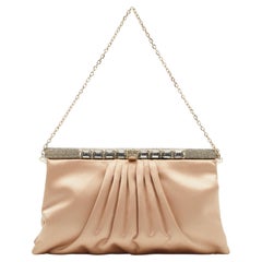Valentino Beige Satin Crystal Embellished Chain Clutch