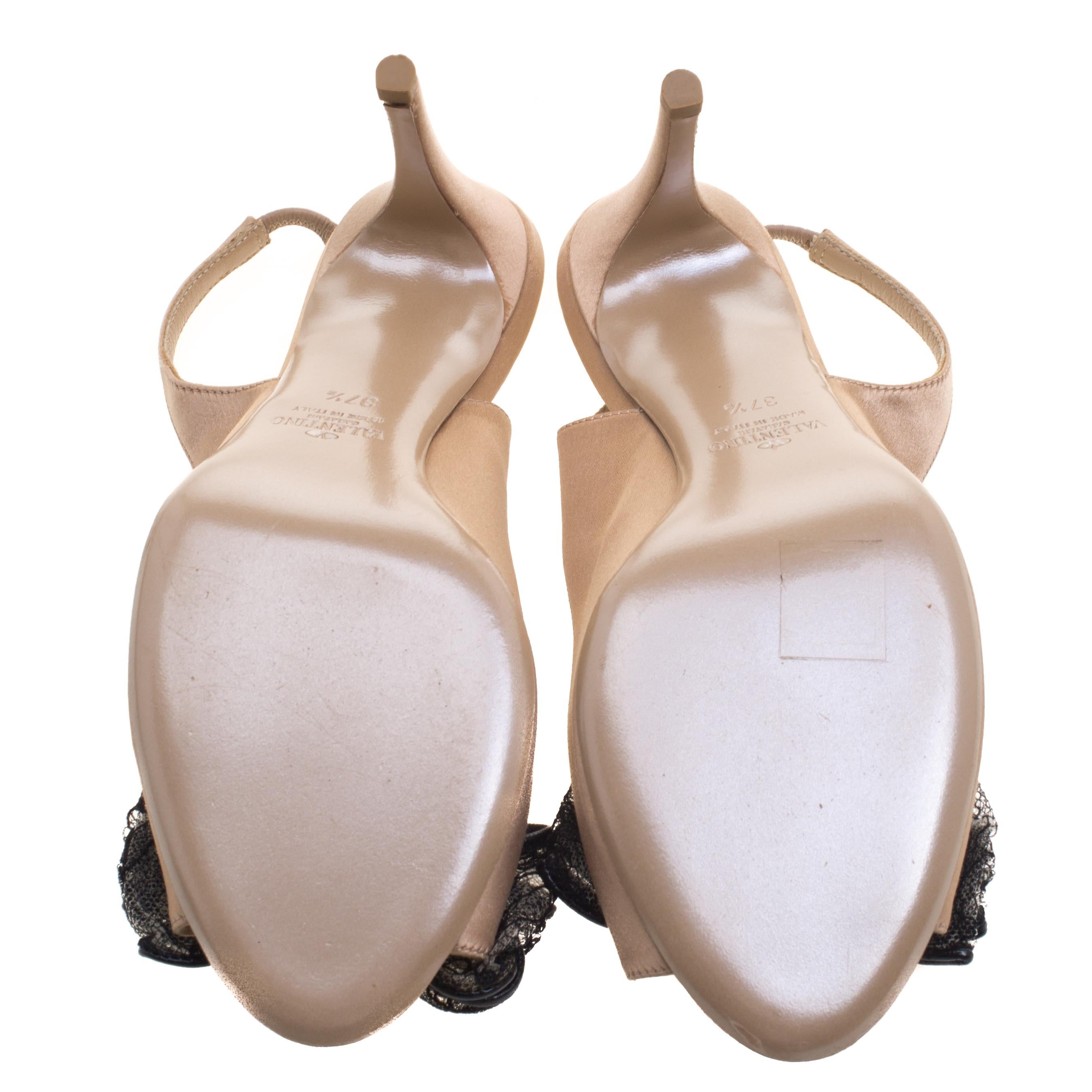 Valentino Beige Satin Lace Bow Detail Peeptoe Slingback Sandals Size 37.5 2