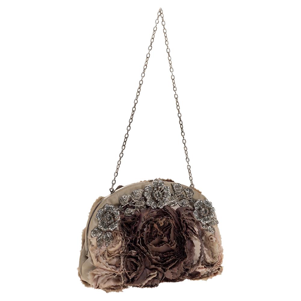 Black Valentino Beige Satin Petale Rose Crystal Embellished Chain Clutch