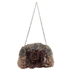 Valentino Beige Satin Petale Rose Crystal Embellished Chain Clutch