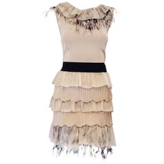 Valentino Beige Sleeveless Knit Dress with Ostrich Feather Accents 