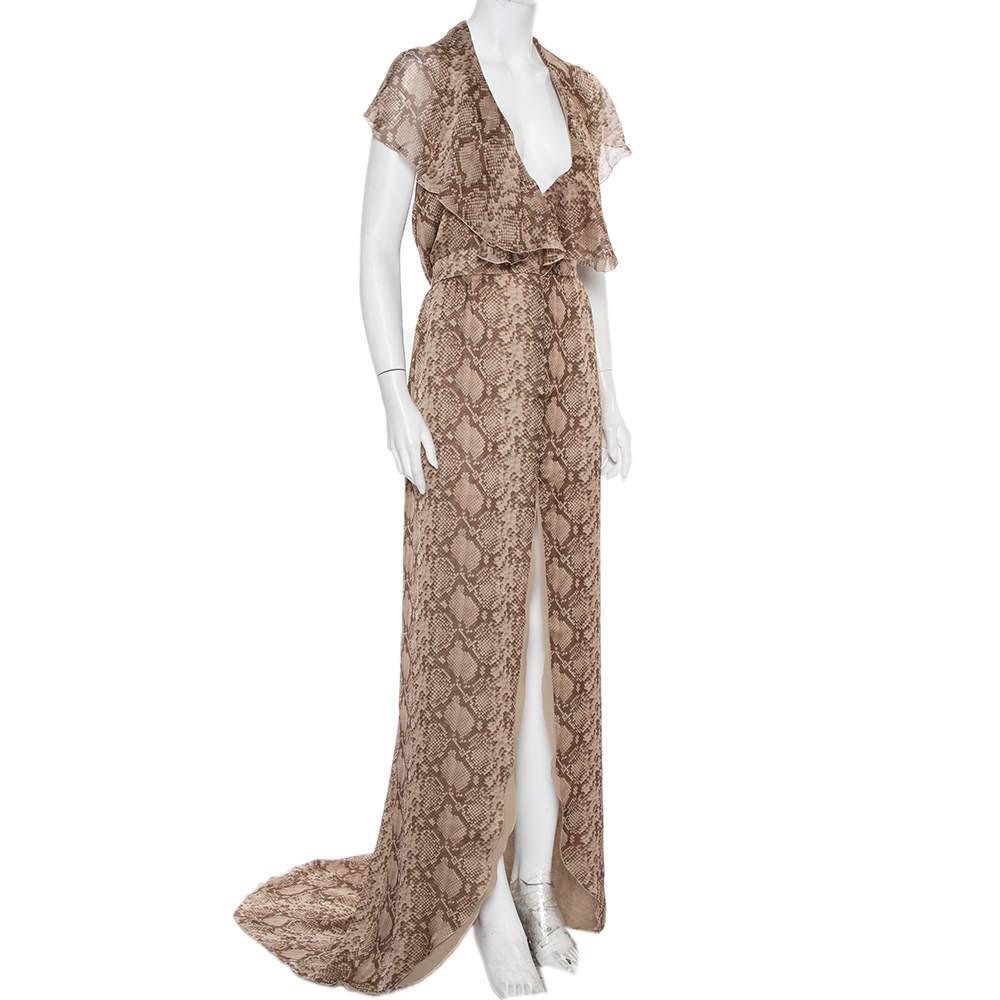 Valentino Beige Snakeskin Printed Silk Ruffled Halter Neck Maxi Dress M In Excellent Condition In Dubai, Al Qouz 2