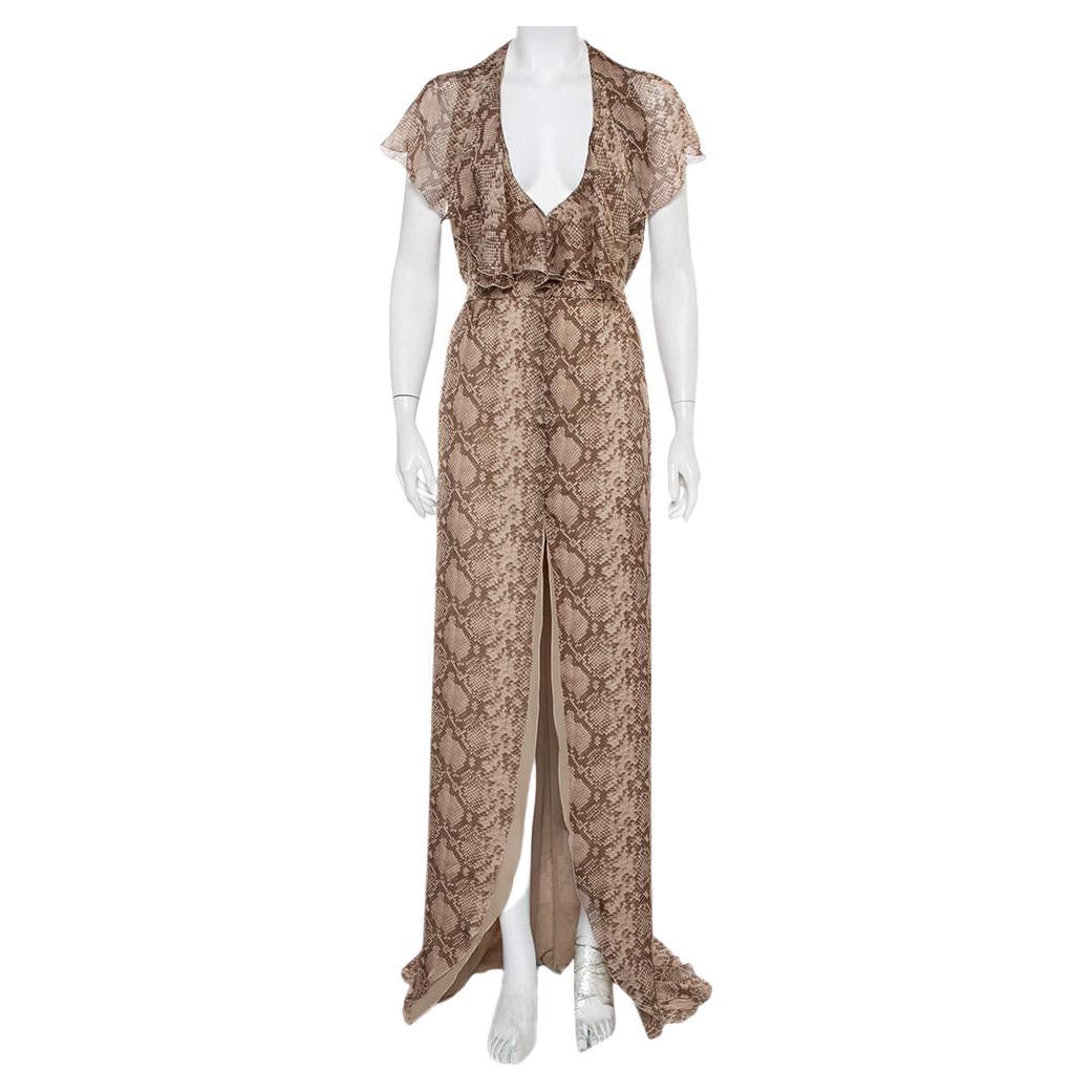 Valentino Beige Snakeskin Printed Silk Ruffled Halter Neck Maxi Dress M