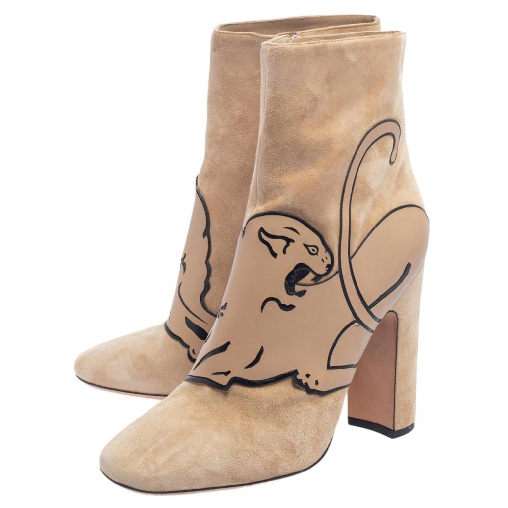 Valentino Beige Suede Panther Ankle Boots Size 41 In Excellent Condition In Dubai, Al Qouz 2