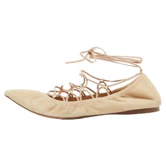 Valentino Beige Suede Pointed Toe Ankle Wrap Ballet Flats Size 38