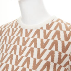 VALENTINO beige virgin wool cashmere V monogram knit pullover sweater top S