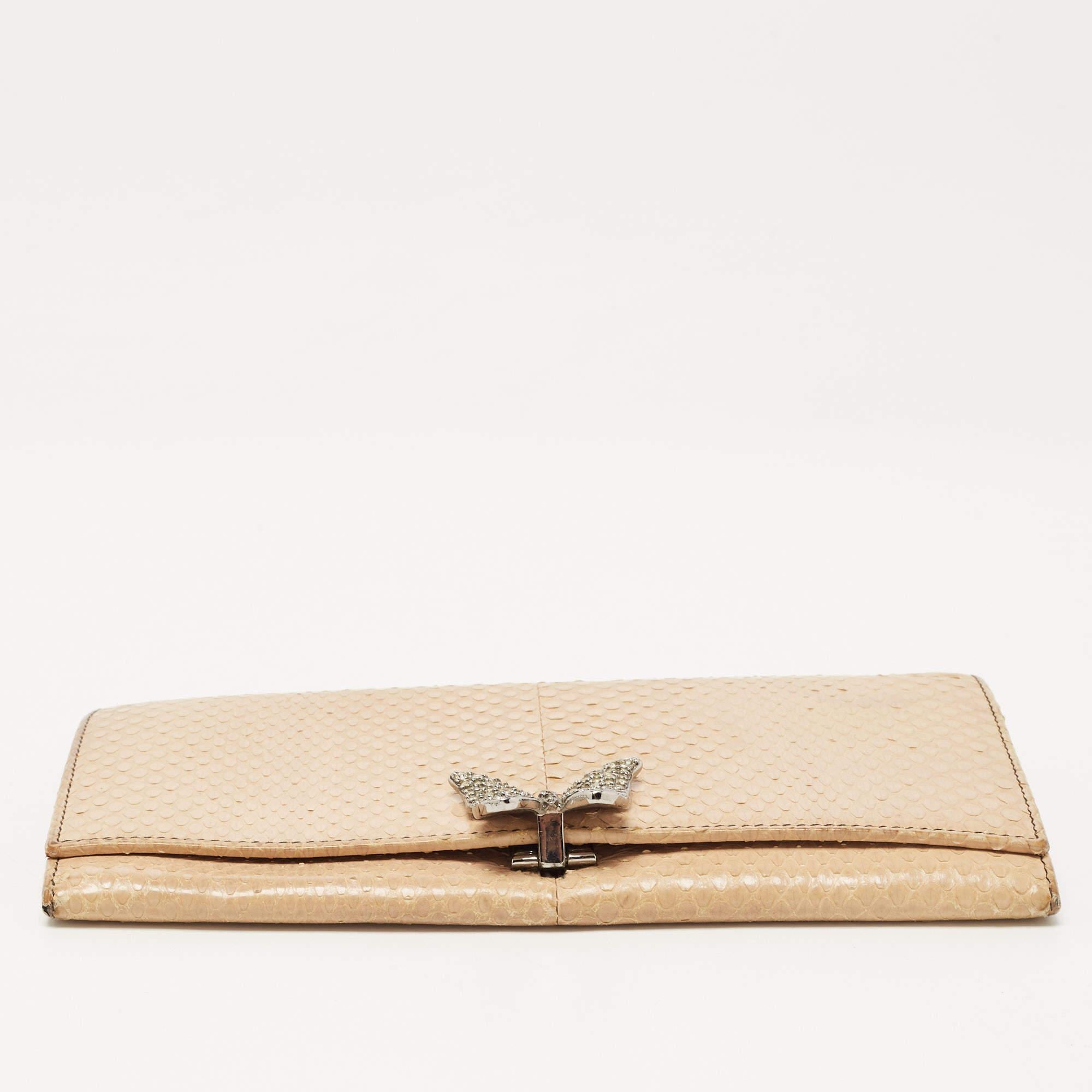 Valentino Beige Watersnake Leather Butterfly Embellished Continental Wallet 2