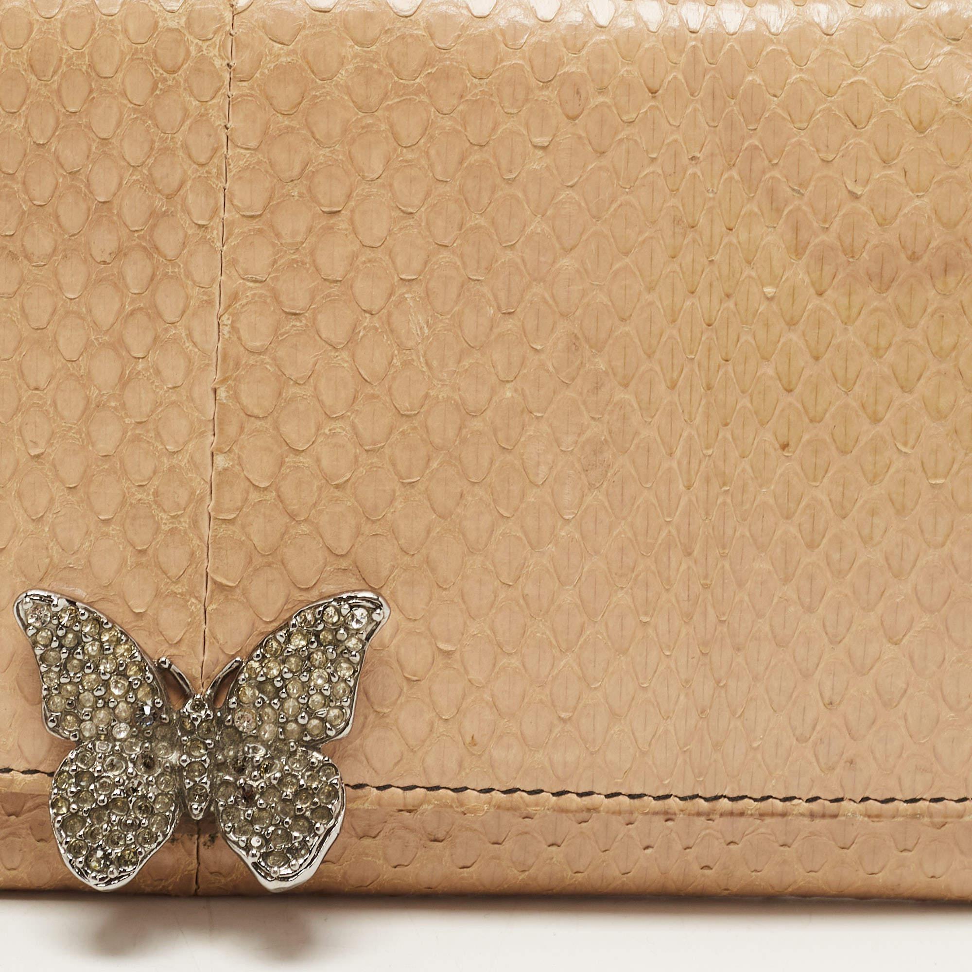 Valentino Beige Watersnake Leather Butterfly Embellished Continental Wallet 4