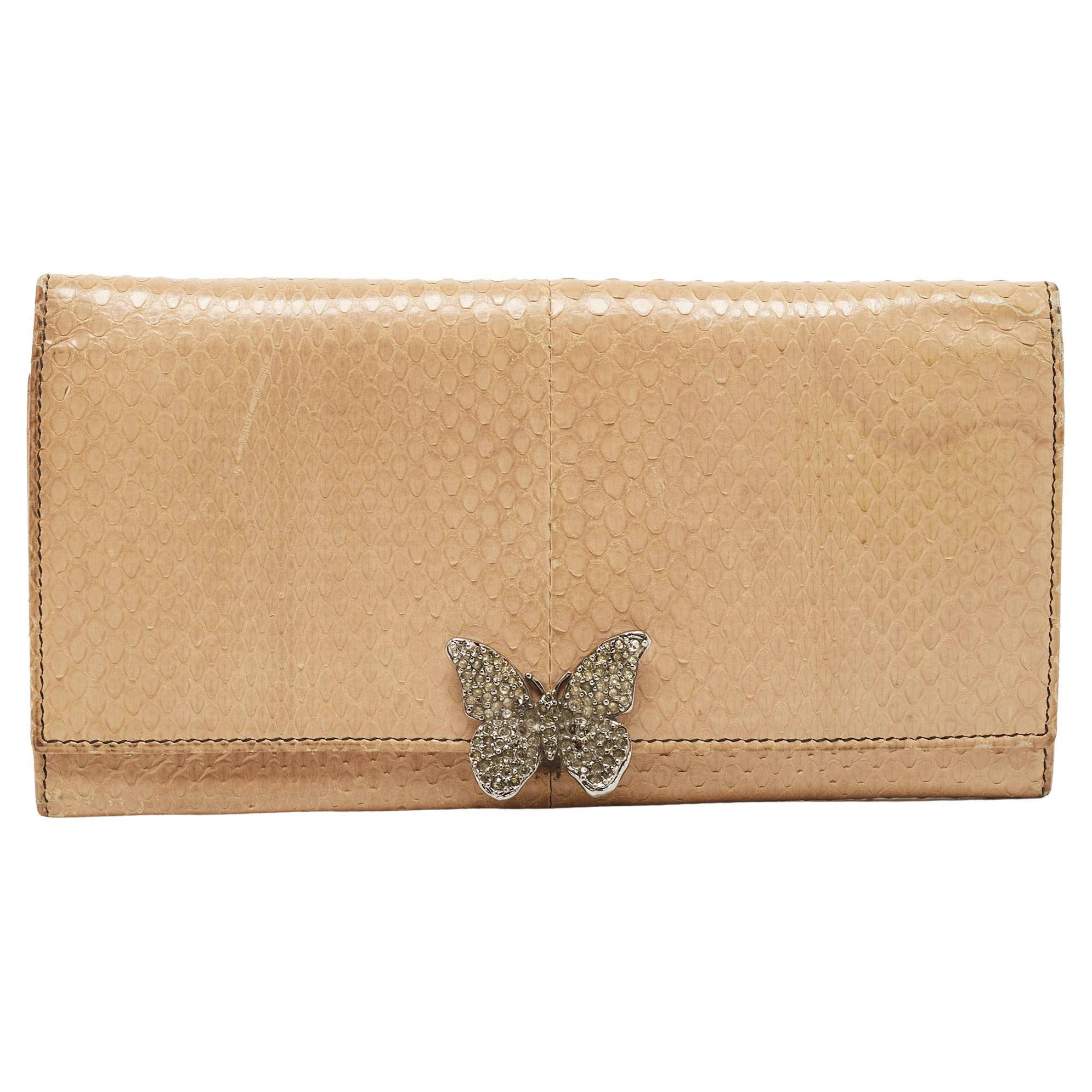 Valentino Beige Watersnake Leather Butterfly Embellished Continental Wallet