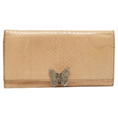 Valentino Beige Watersnake Leather Butterfly Embellished Continental Wallet