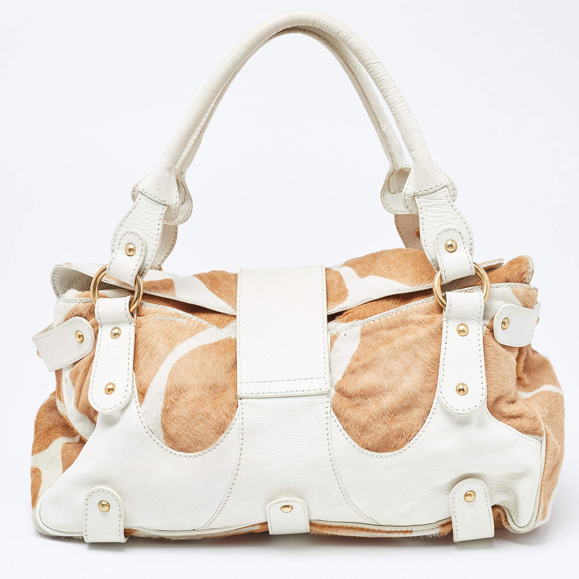 Valentino Beige/White Calfhair and Leather VLogo Satchel 7