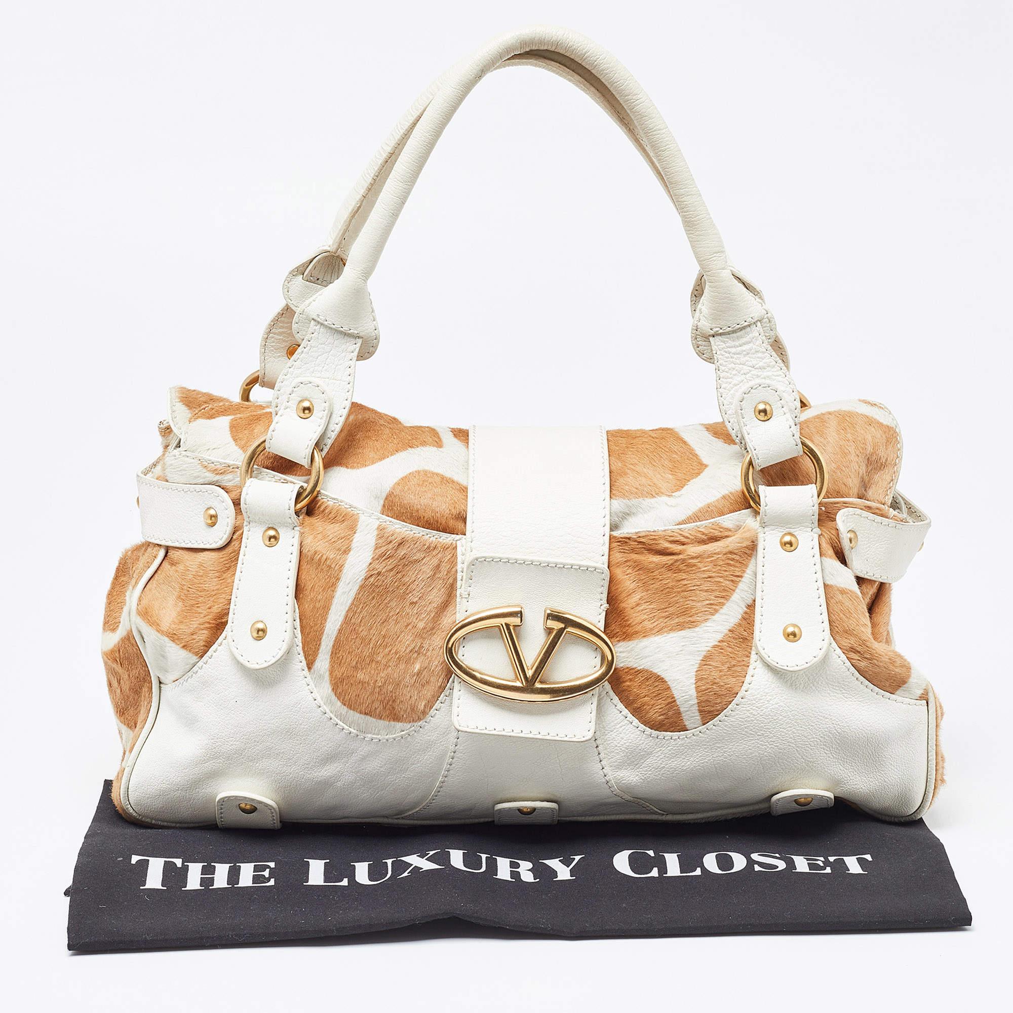 Valentino Beige/White Calfhair and Leather VLogo Satchel 12