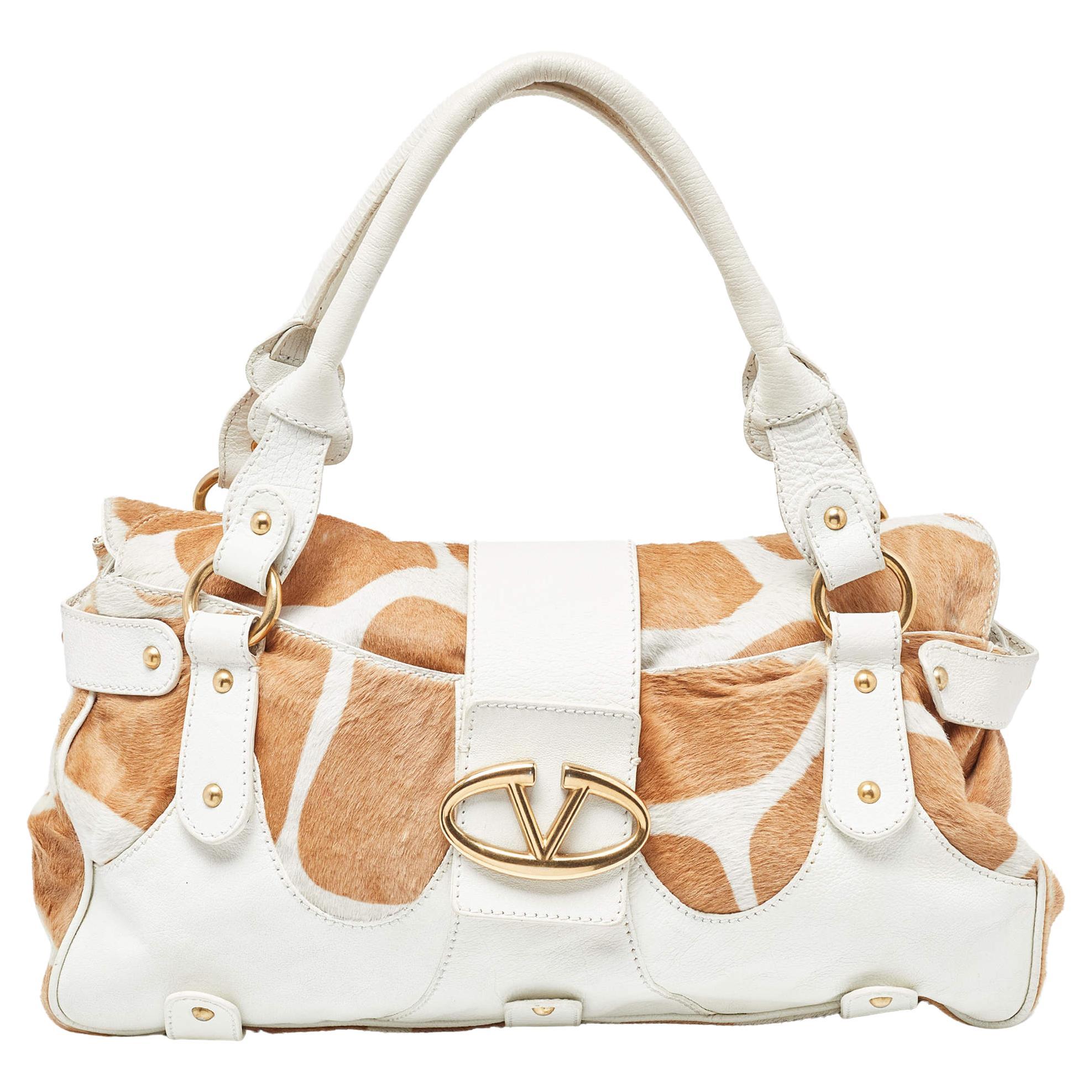 Valentino Beige/White Calfhair and Leather VLogo Satchel