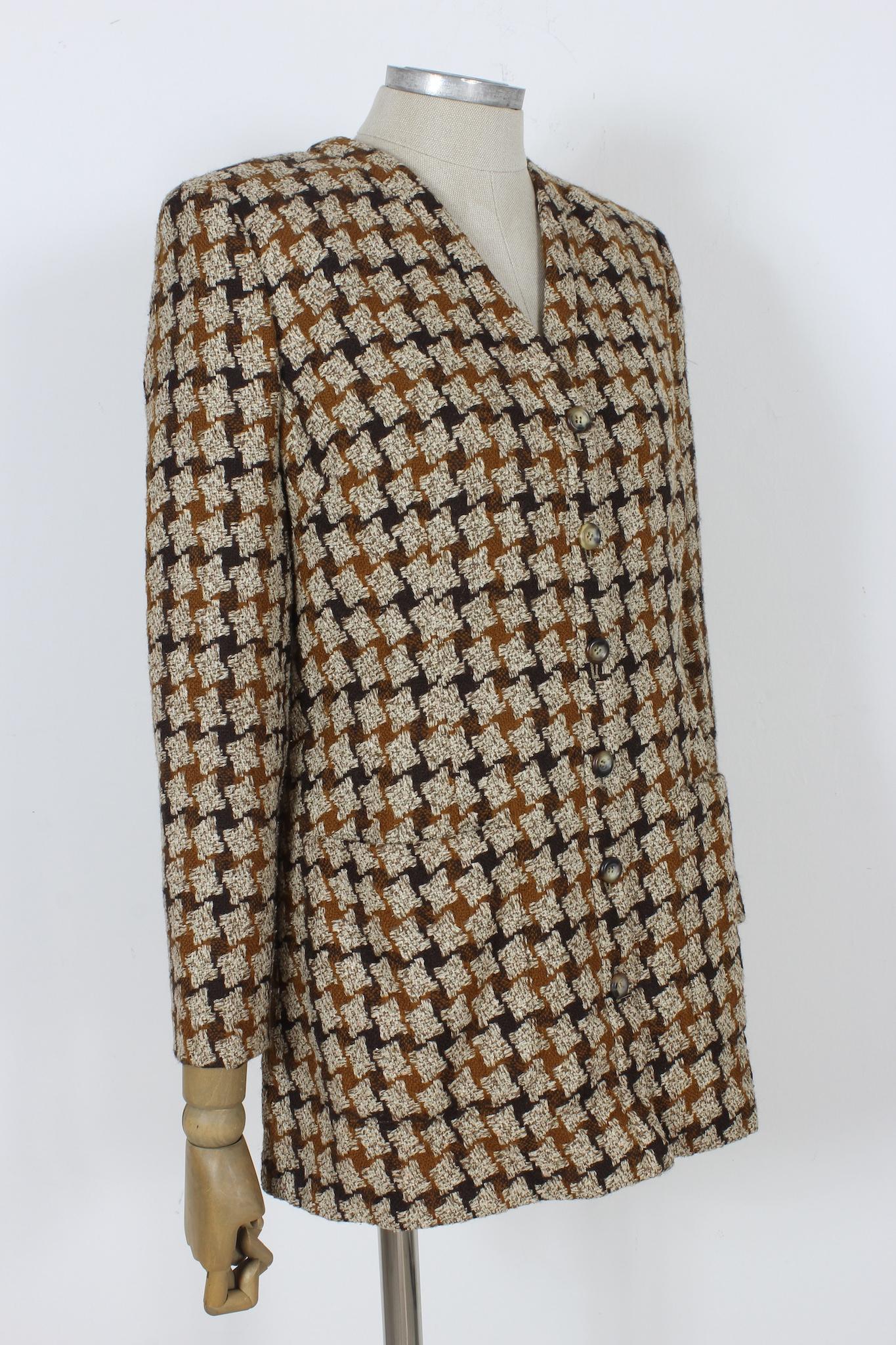 Women's Valentino Beige Wool Silk Pied de Poule Jacket Vintage 90s