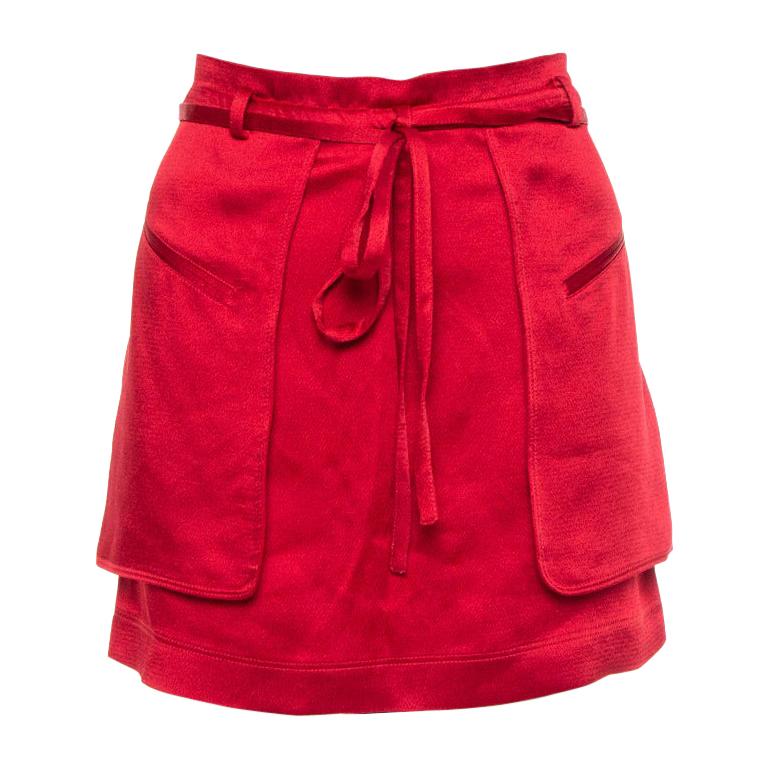 Valentino Berry Red Satin Waist Tie Detail Cargo Mini Skirt S