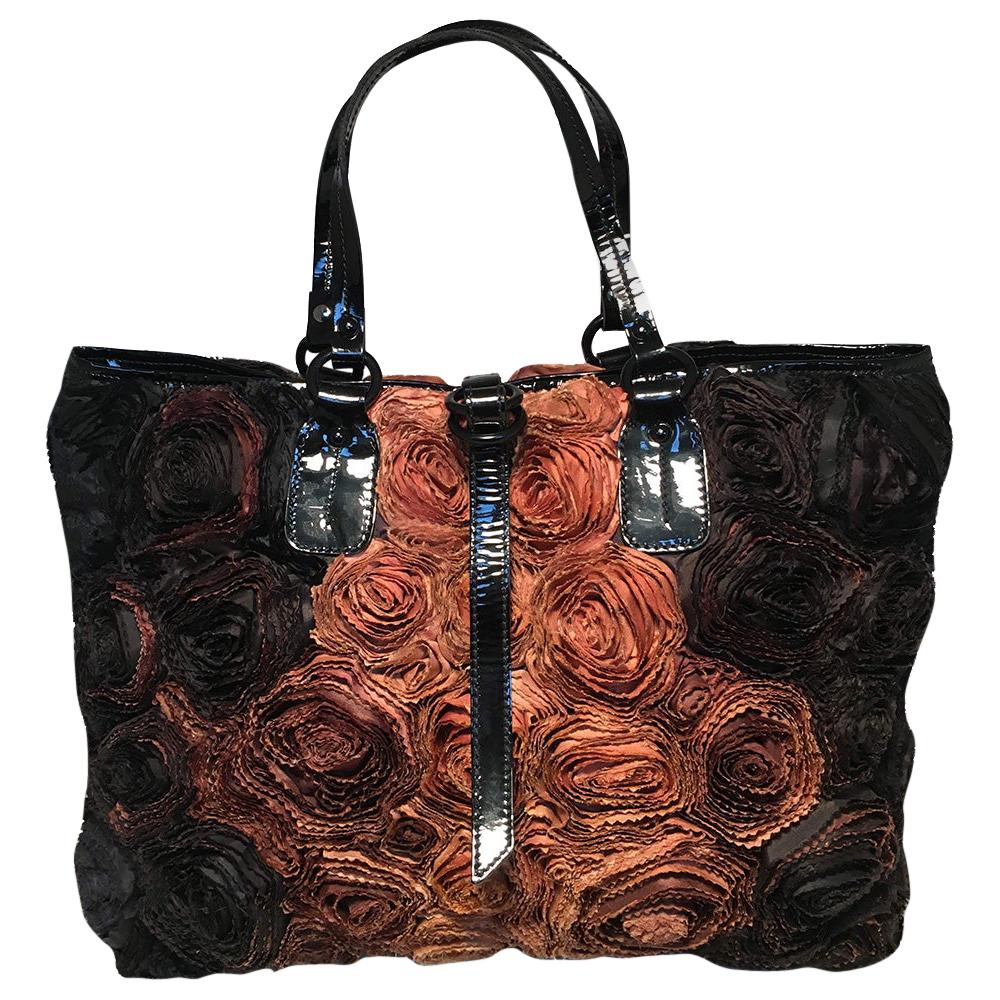 Valentino Black and Brown Silk Rosier Roses Tote Bag