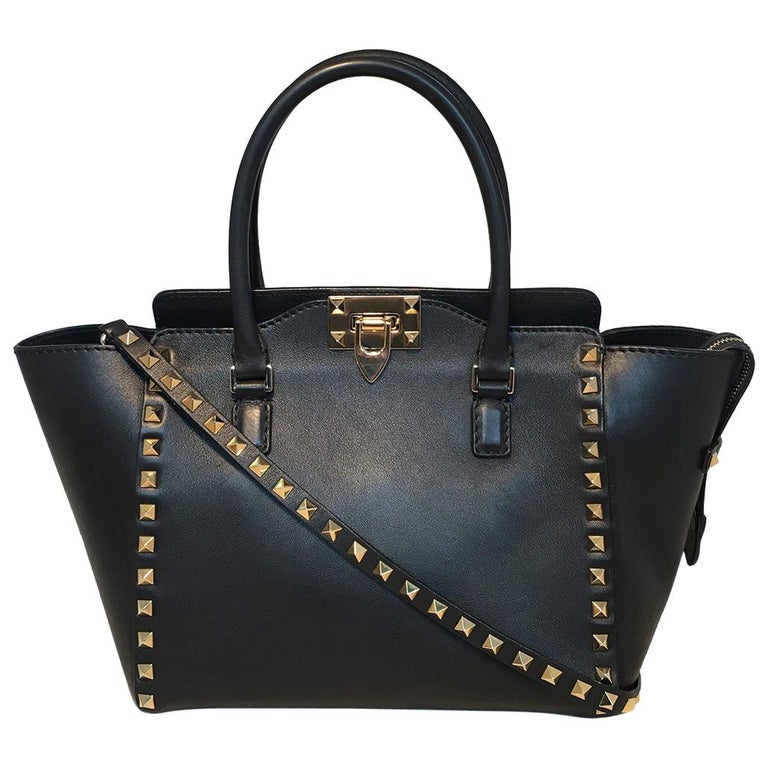 Valentino Black and Gold Double Handle Small Rockstud Trapeze Bag For at 1stDibs | valentino trapeze tote