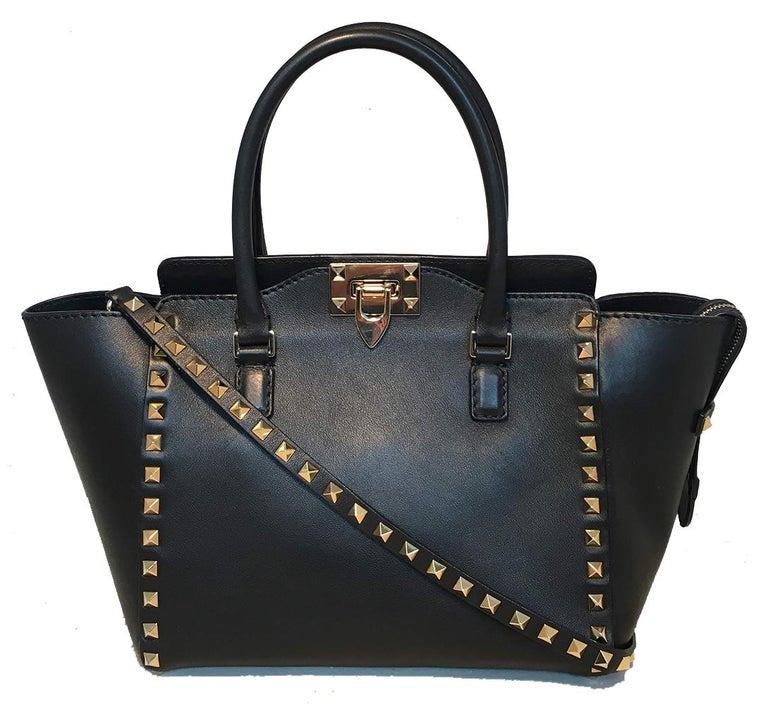 Valentino Black and Gold Double Handle Small Rockstud Trapeze Tote Bag ...