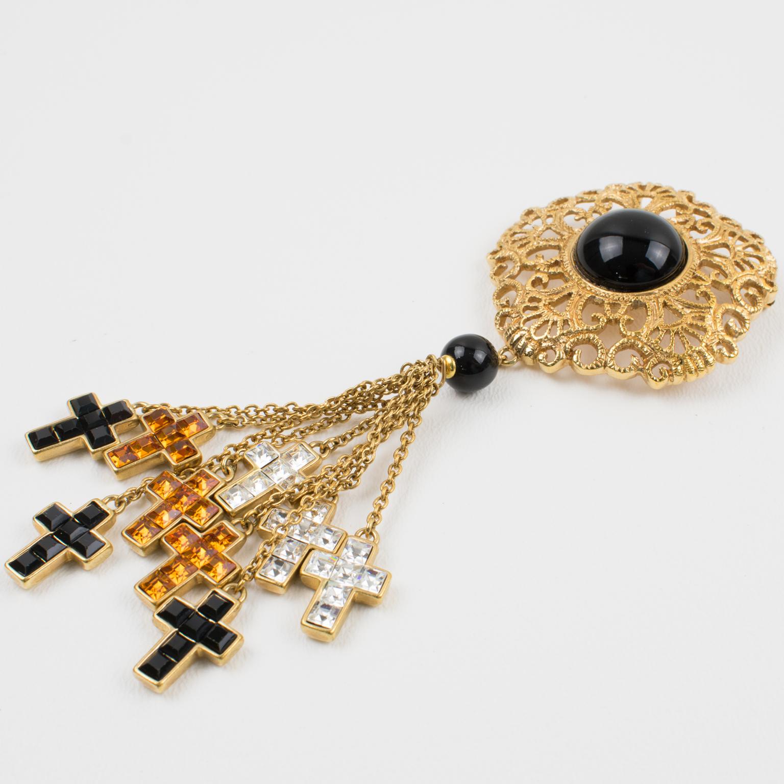 Modern Valentino Black and Orange Jeweled Pin Brooch Dangling Cross Charms For Sale