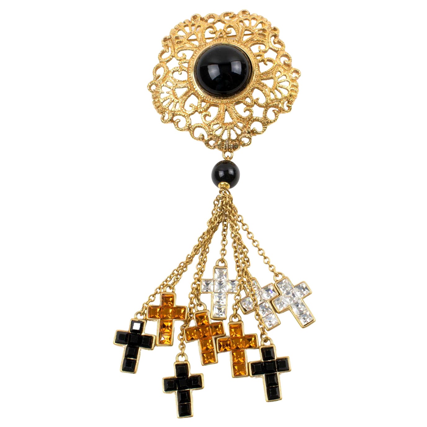 Valentino Black and Orange Jeweled Pin Brooch Dangling Cross Charms For Sale