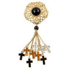 Vintage Valentino Black and Orange Jeweled Pin Brooch Dangling Cross Charms