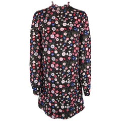 Valentino Black and Pink Floral Silk Ruffle Collar Tunic Dress