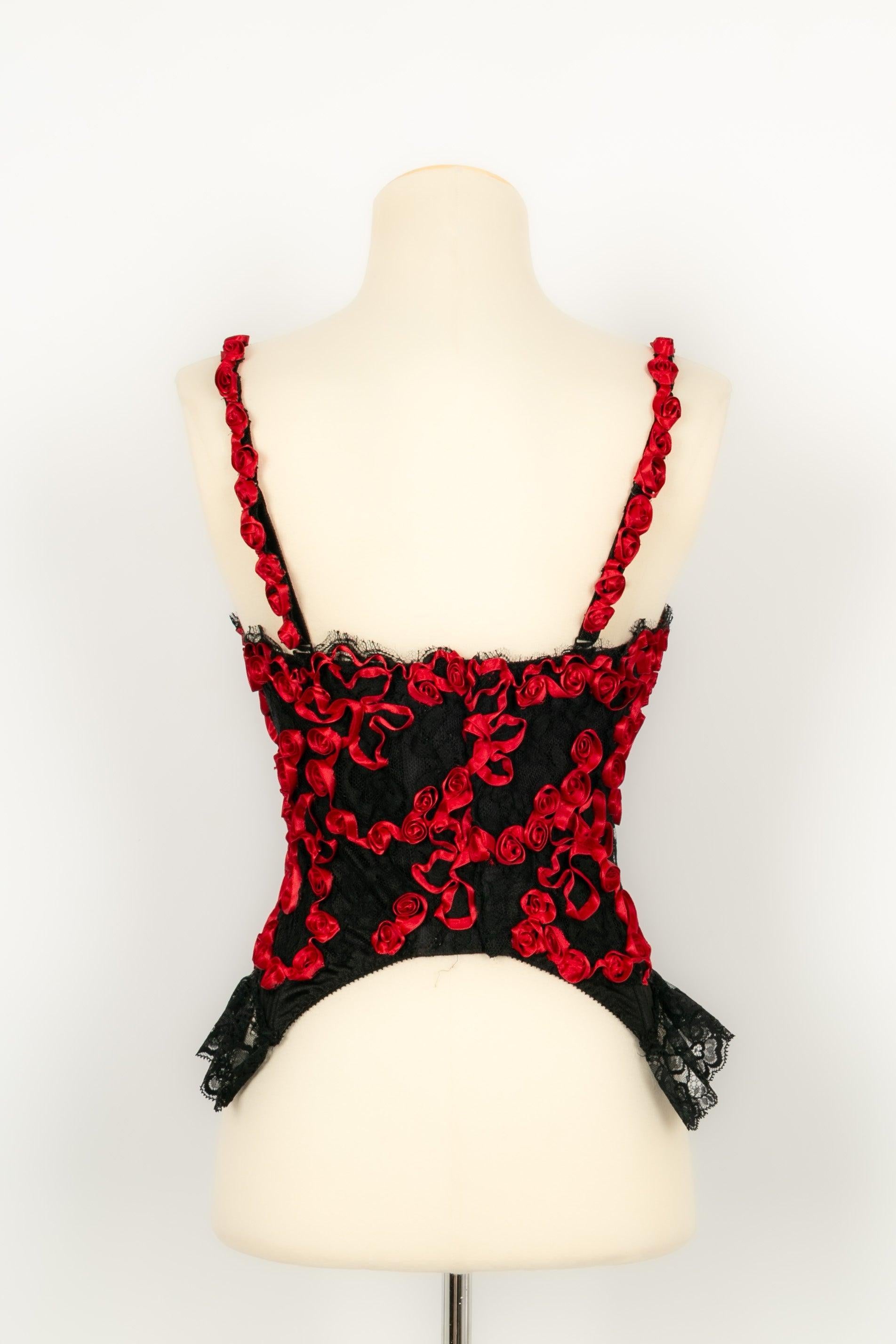 Women's Valentino Black and Red Lace Top with Red Ribbons For Sale