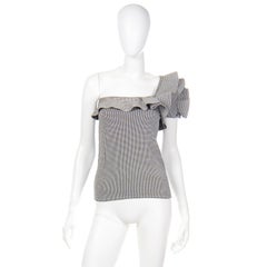 Valentino Black and White Houndstooth Check One Shoulder Ruffled Top