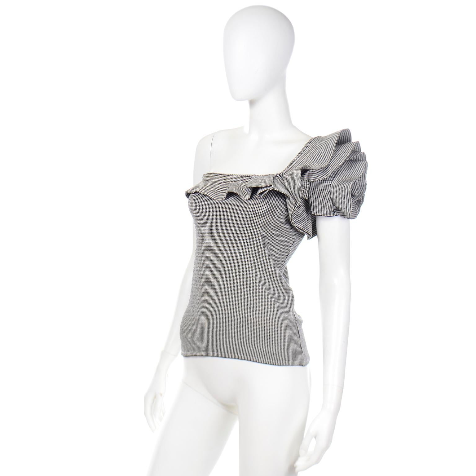 Gray Valentino Black and White Houndstooth Check One Shoulder Ruffled Top For Sale