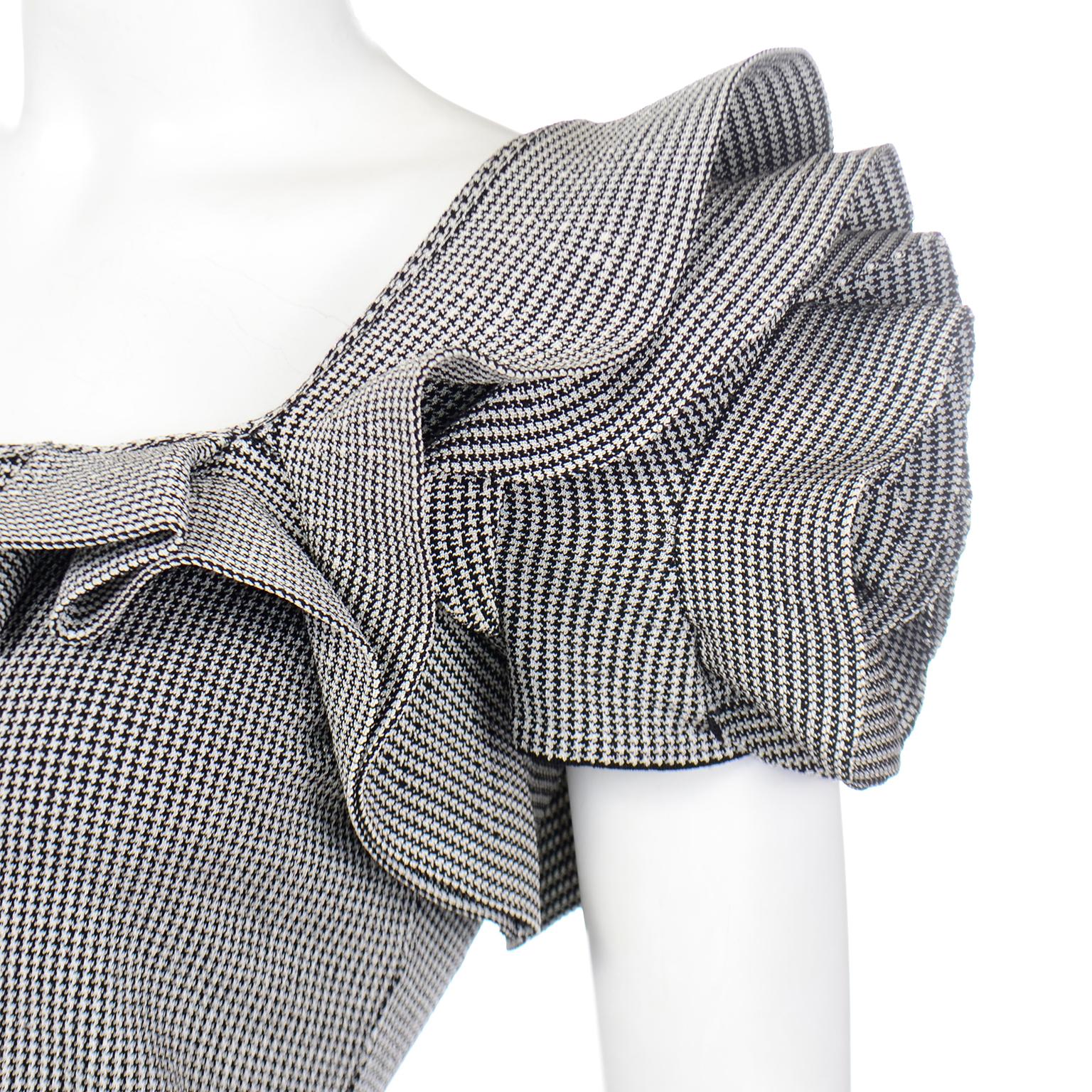 Valentino Black and White Houndstooth Check One Shoulder Ruffled Top For Sale 2