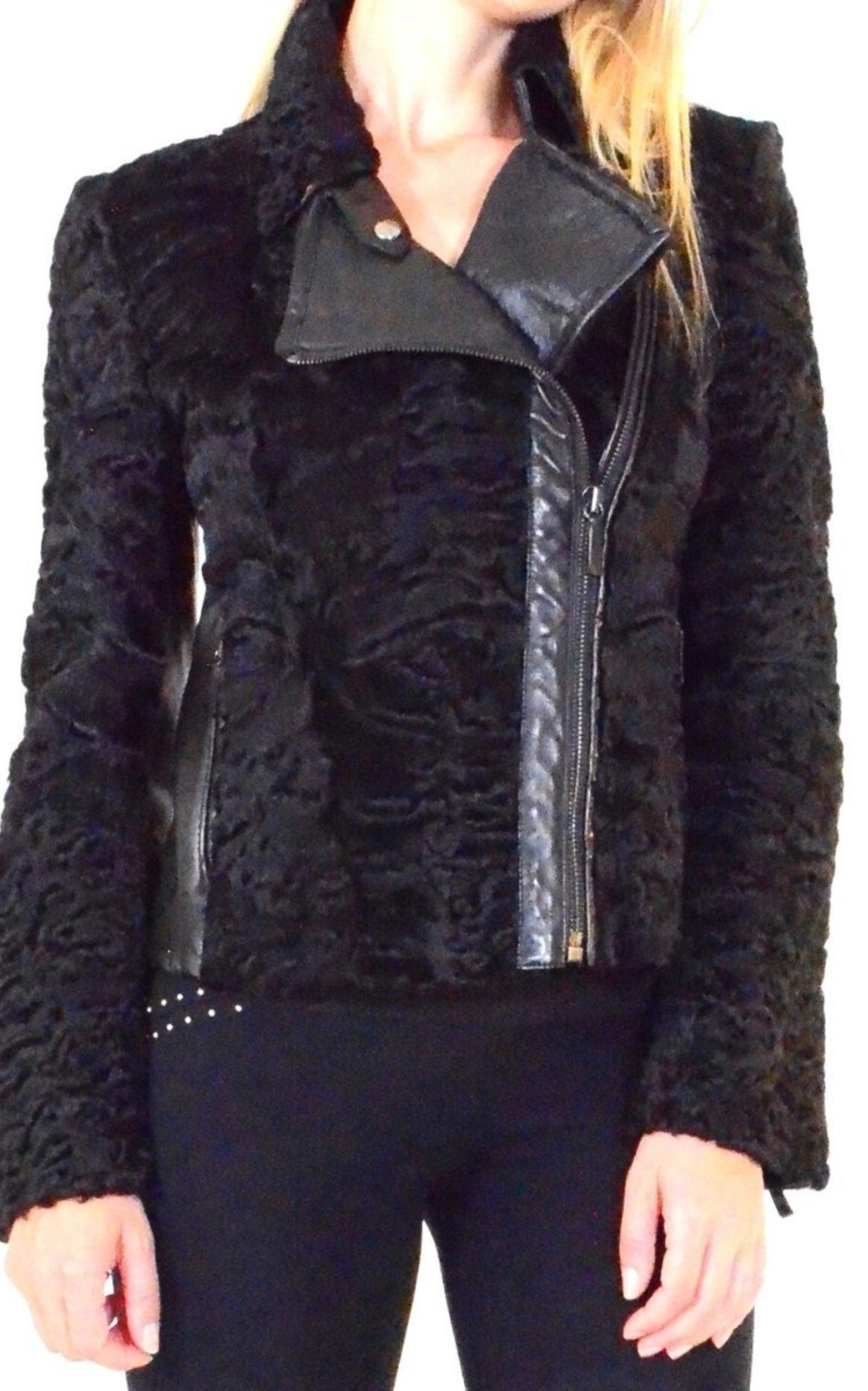 Nero Valentino Giacca Biker in pelliccia d'agnello Karakul nera IT42 in vendita