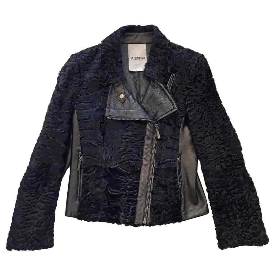 Valentino Black Astrakhan Lamb Fur Karakul Biker Jacket IT42 US 4-6 For Sale