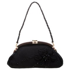 Valentino Black Beaded Embellished Satin Crystal Wood Frame Bag