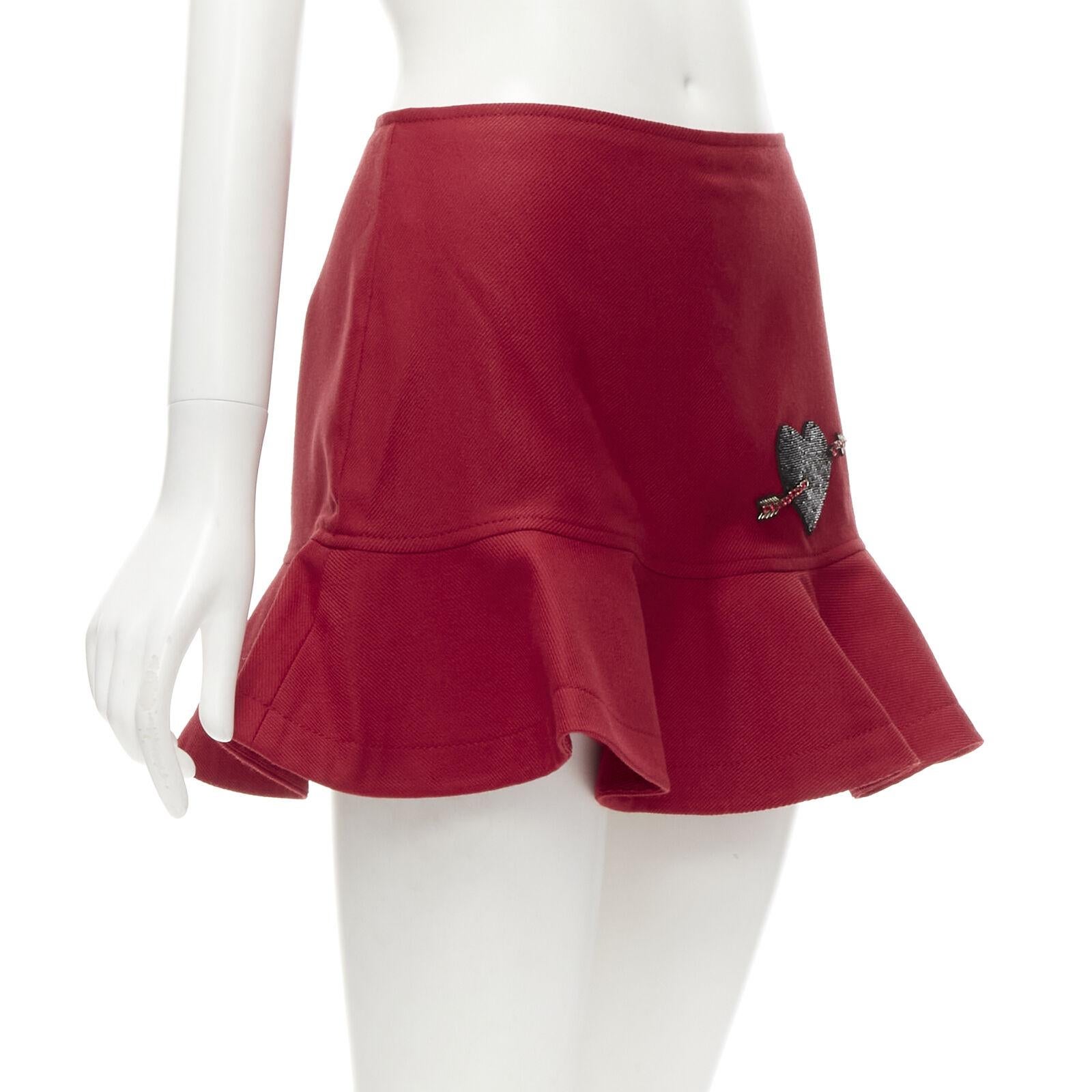 Red VALENTINO black beaded heart badge red twill flared frill shorts IT38 XS For Sale