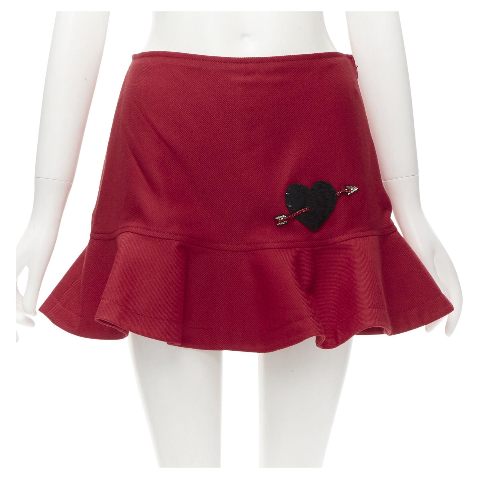 VALENTINO black beaded heart badge red twill flared frill shorts IT38 XS For Sale