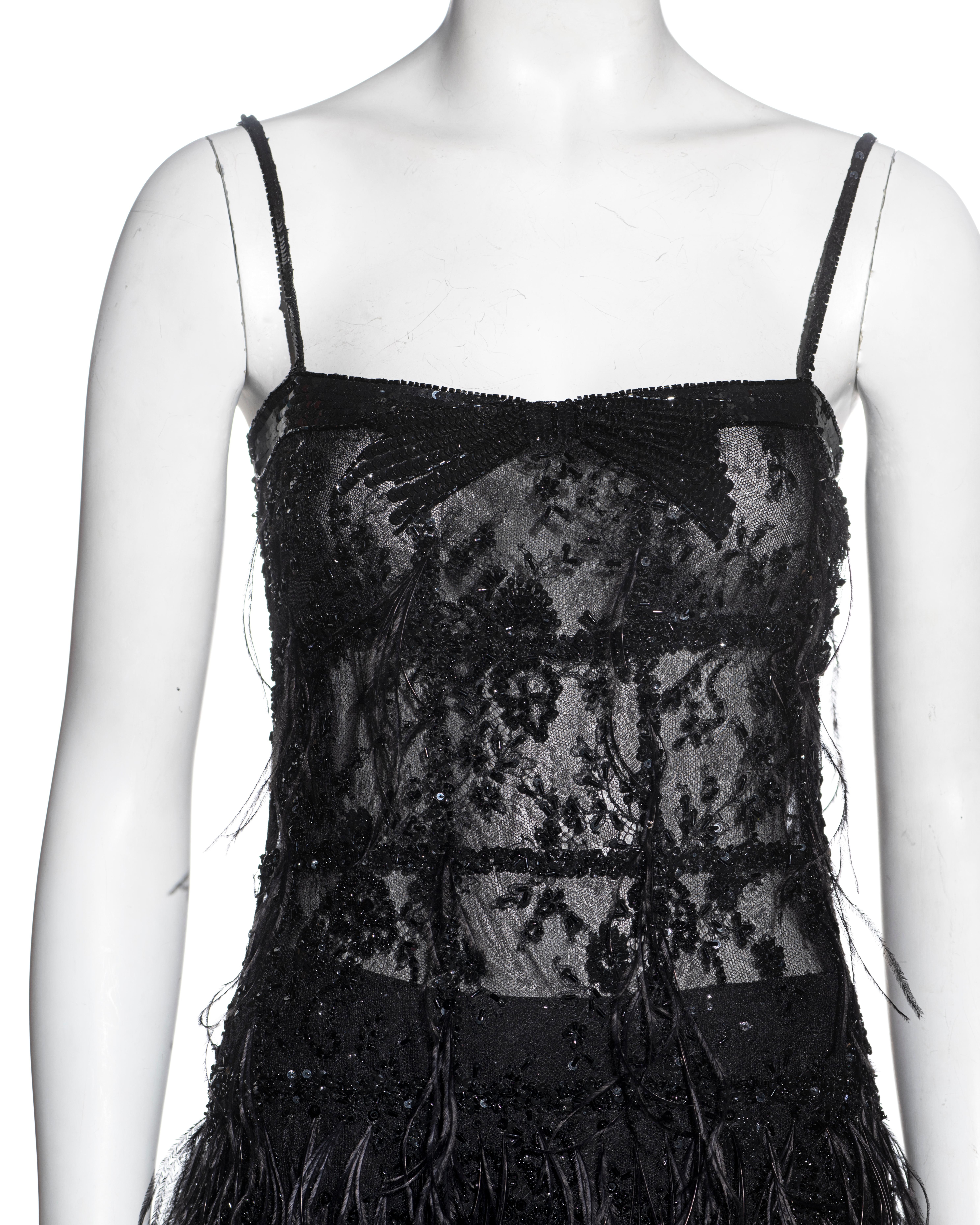Black Valentino black beaded lace and ostrich feather evening top and skirt, fw 2001