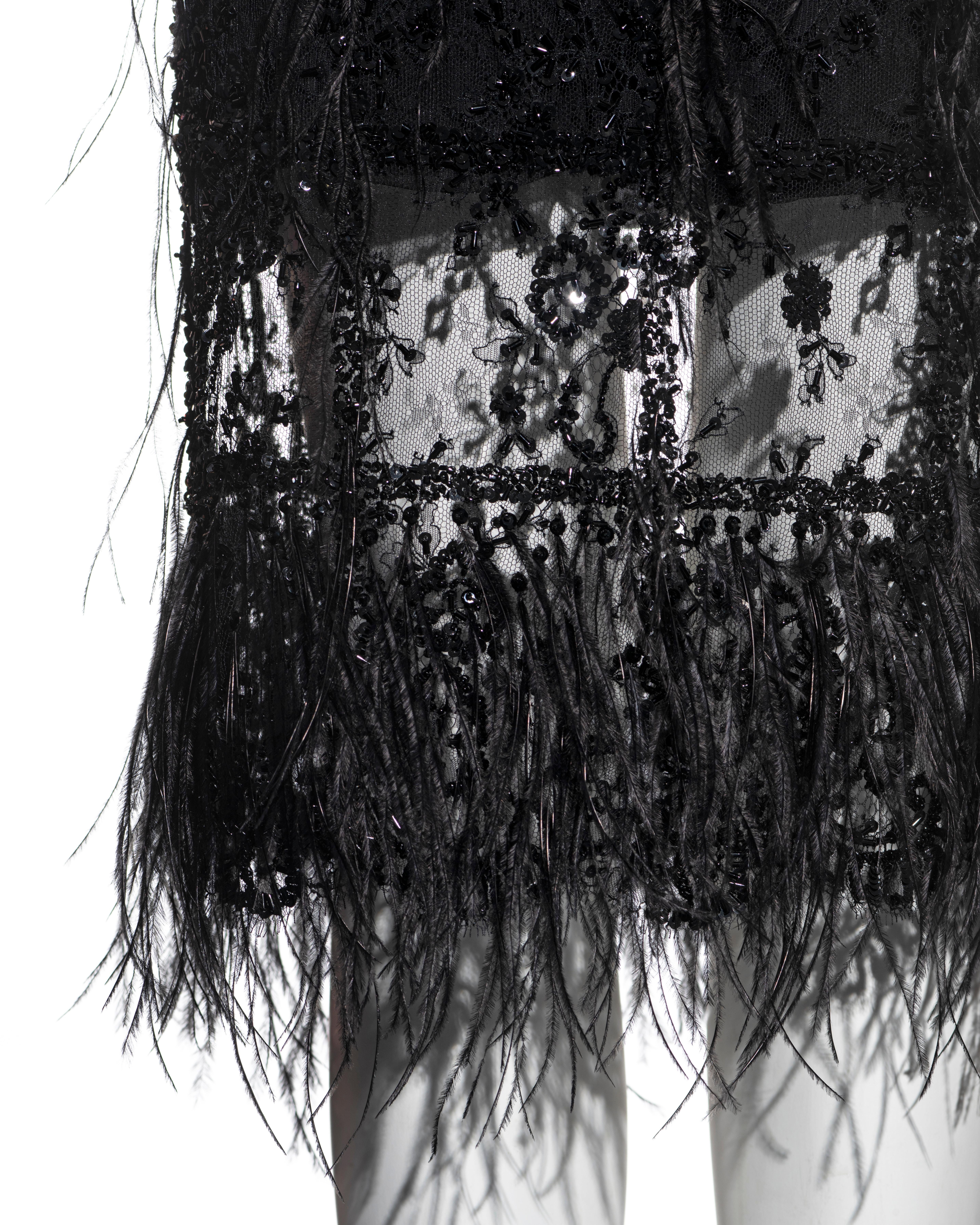 Valentino black beaded lace and ostrich feather evening top and skirt, fw 2001 In Excellent Condition For Sale In London, GB
