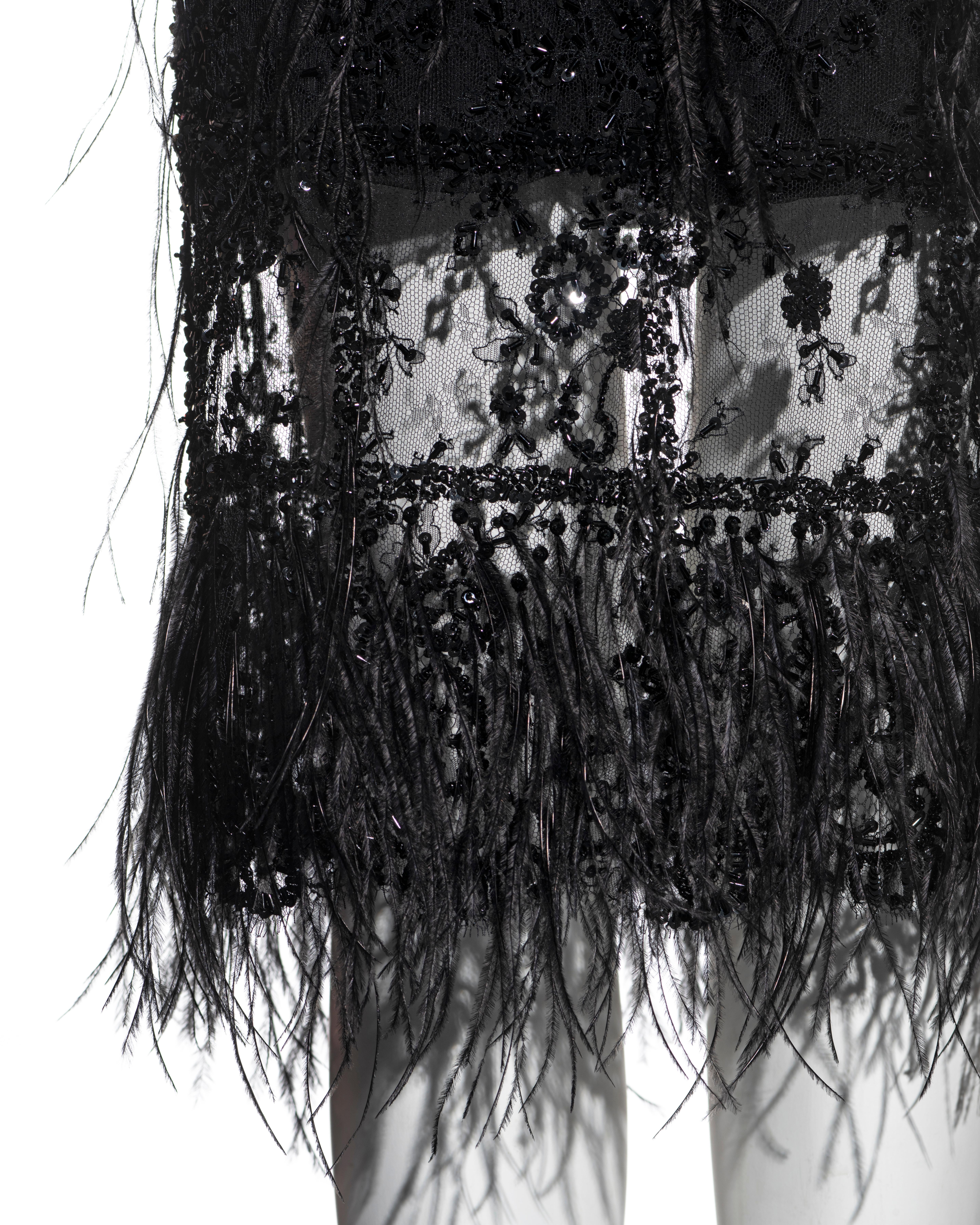 Valentino black beaded lace and ostrich feather evening top and skirt, fw 2001 In Excellent Condition In London, GB