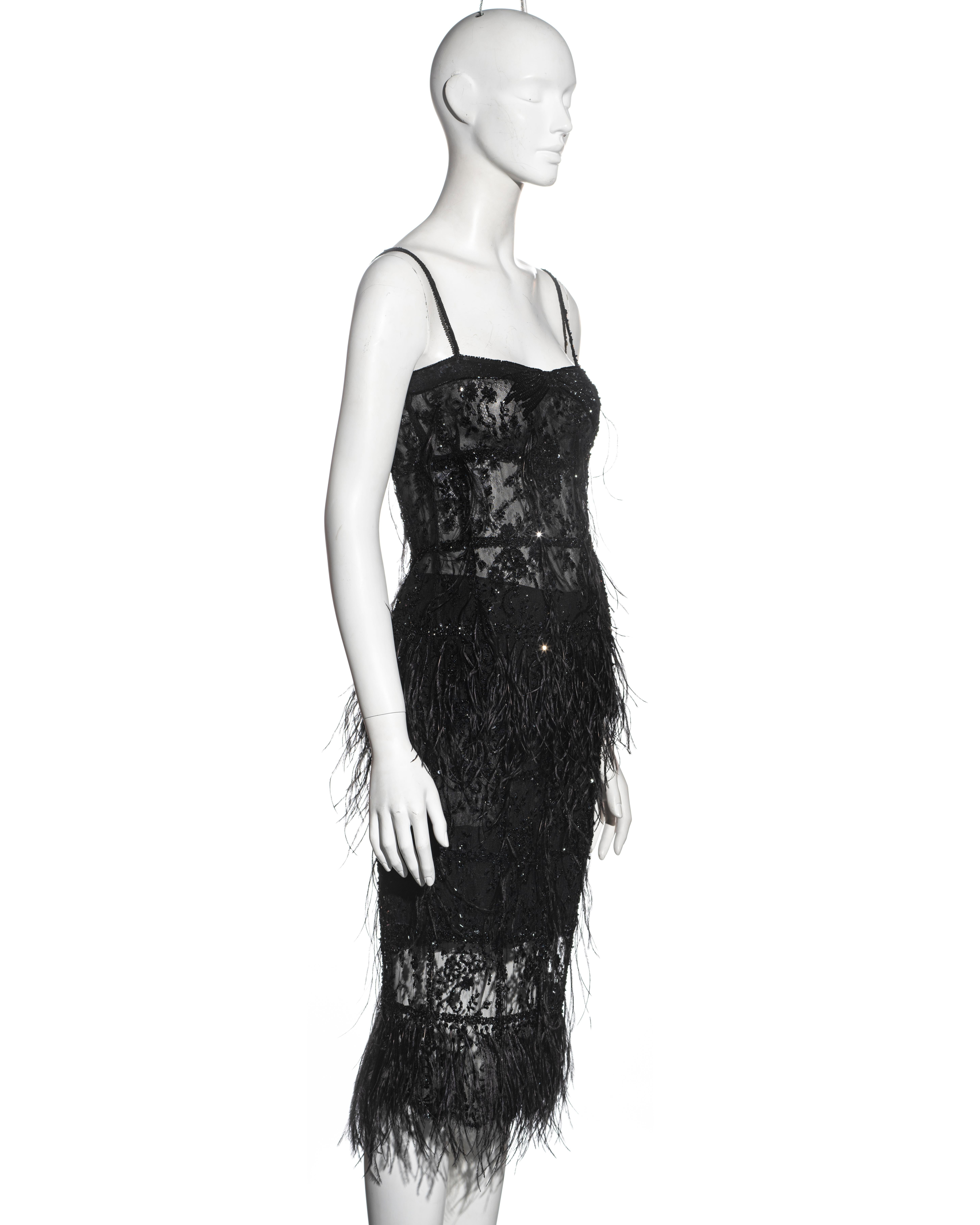 Women's Valentino black beaded lace and ostrich feather evening top and skirt, fw 2001 For Sale