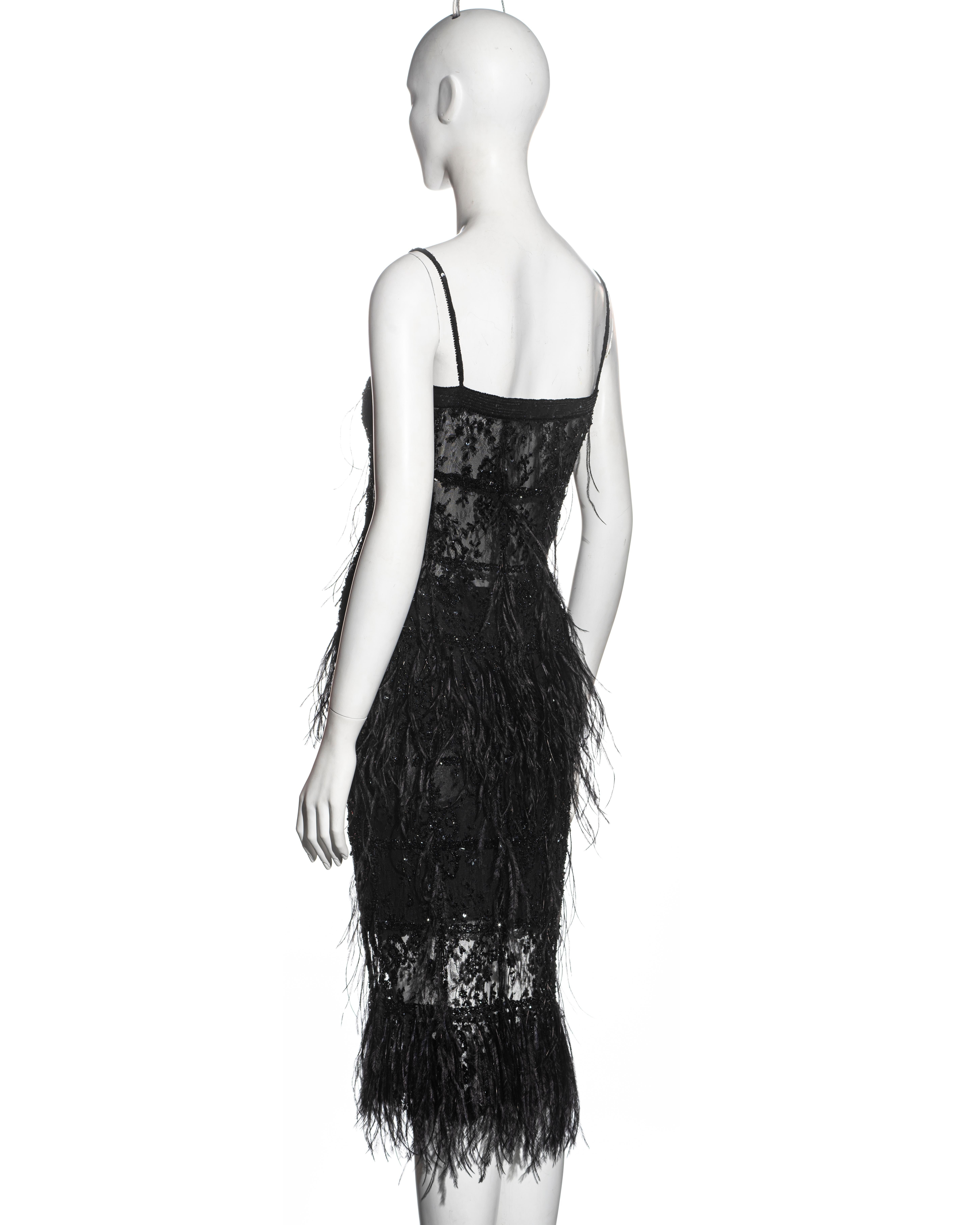 Valentino black beaded lace and ostrich feather evening top and skirt, fw 2001 For Sale 1