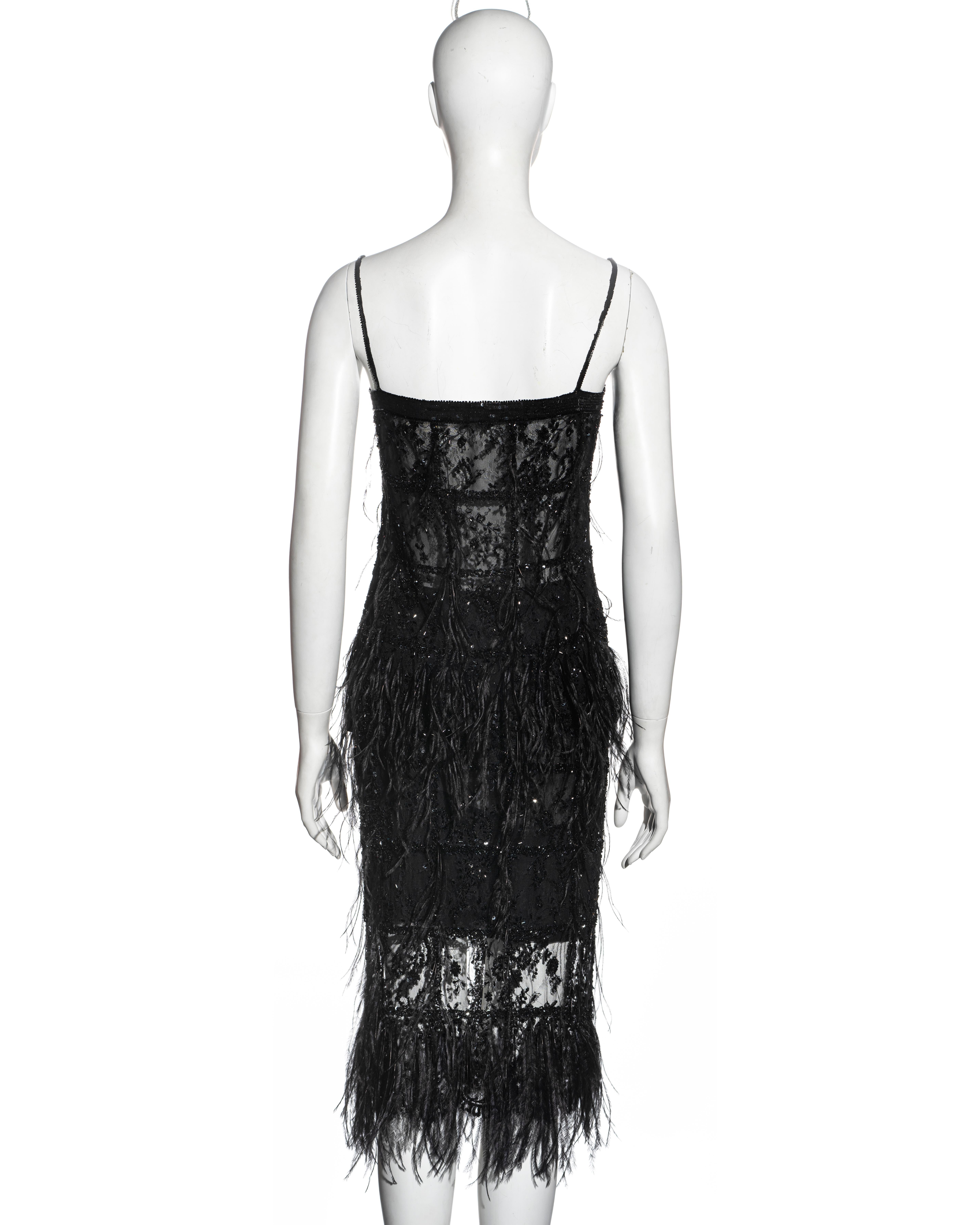 Valentino black beaded lace and ostrich feather evening top and skirt, fw 2001 For Sale 2