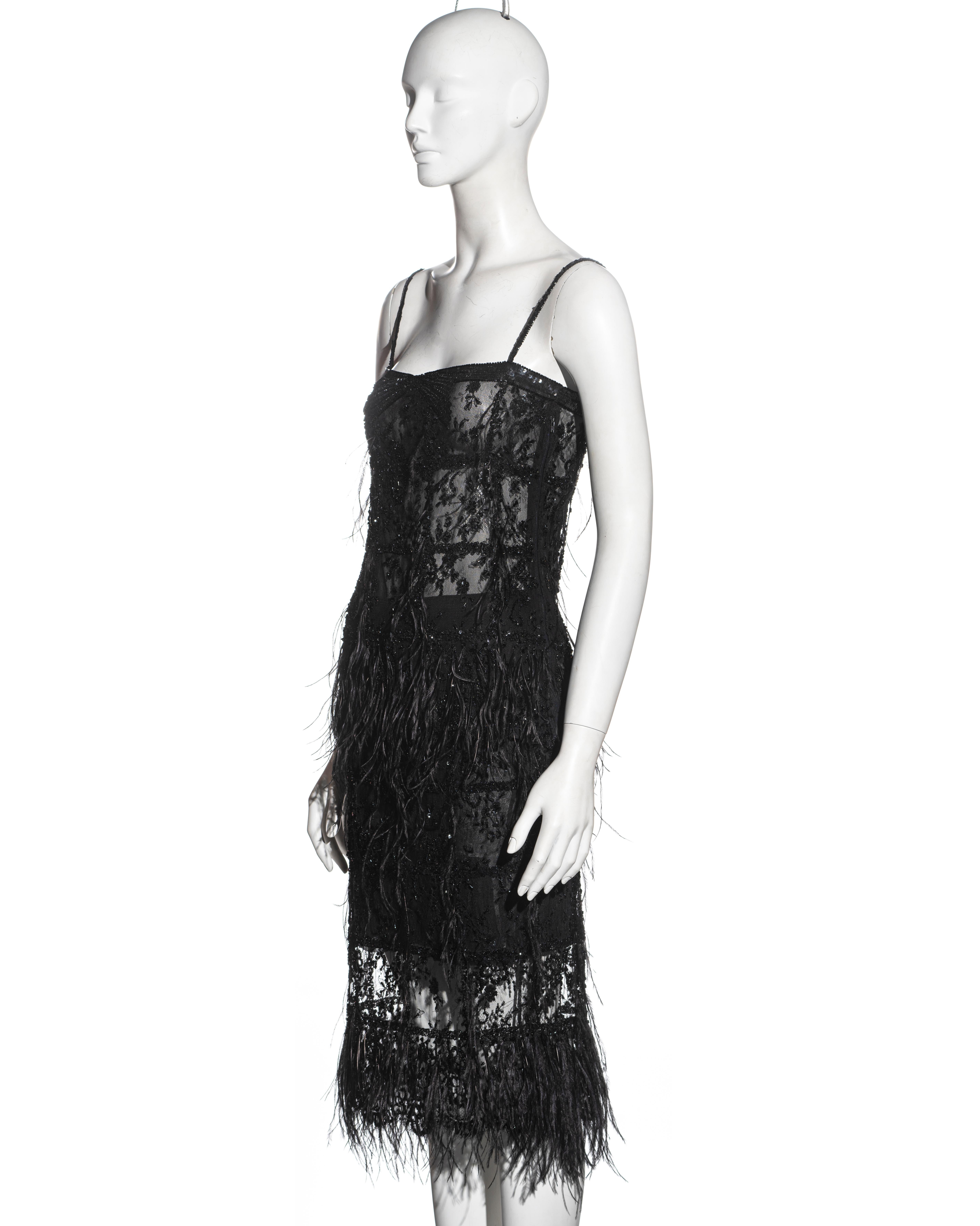 Valentino black beaded lace and ostrich feather evening top and skirt, fw 2001 For Sale 3
