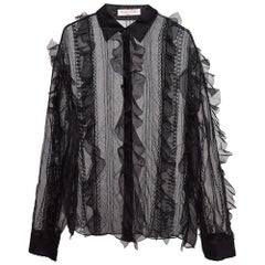 Valentino Black Beads Embroidered Oraganza Ruffle Detail Shirt L
