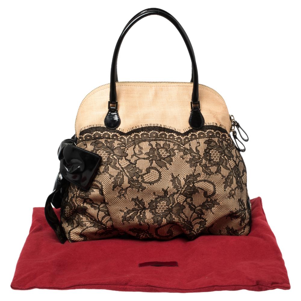 Valentino Black/Beige Lace And Straw Bow Dome Bag 5